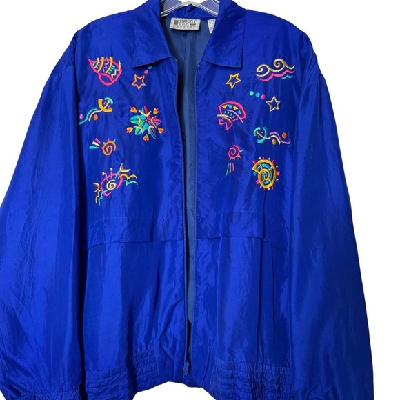 Vintage Strictly Silk Blue Embroidered Jacket โ M 90s Festival Windbreaker - Picture 2 of 6
